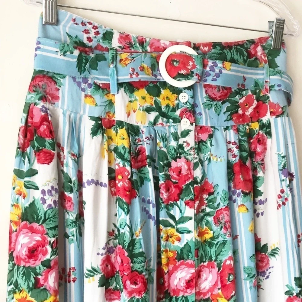 Vintage 90s Prairie Cottagecore Floral Striped Rayon Midi Skirt Belted Size 10